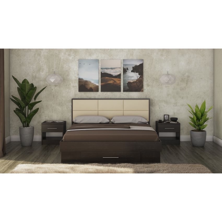 Pat solano alb cu noptiere si saltea, tablie tapitata camel, 160×200 cm