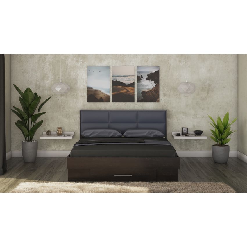 Pat solano sonoma cu noptiere si saltea, tablie tapitata camel, 140×200 cm