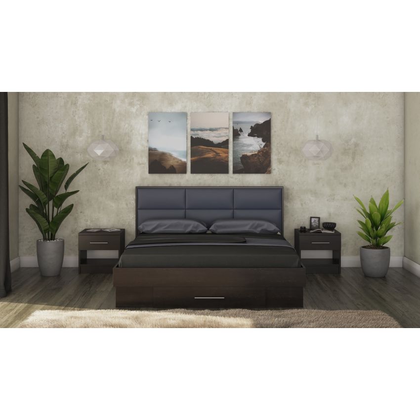 Pat solano alb cu noptiere si saltea, tablie tapitata camel, 160×200 cm