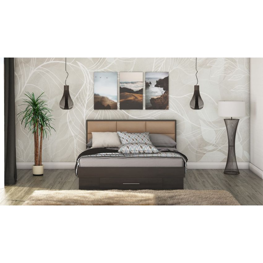 Pat solano wenge cu saltea, tablie tapitata camel, 140×200 cm