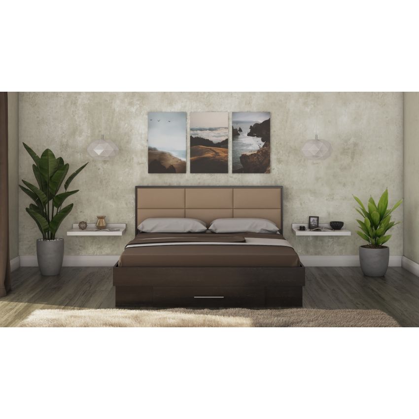 Pat solano wenge cu saltea, tablie tapitata camel, 160×200 cm