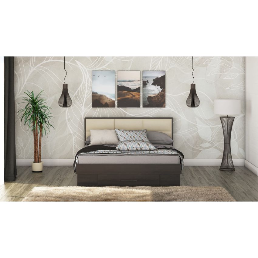 Pat solano wenge cu saltea, tablie tapitata crem, 140×200 cm