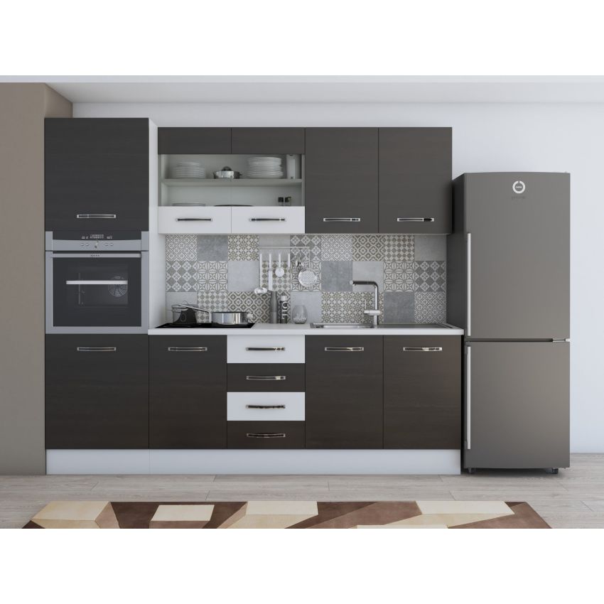 Bucatarie alfa 240 cm, wenge/alb, blat termic alb, corp inalt cuptor