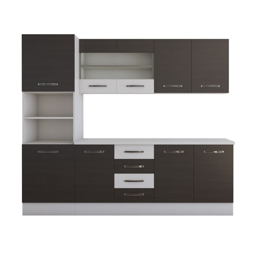 Bucatarie alfa 240 cm, wenge/alb, blat termic alb, corp inalt cuptor