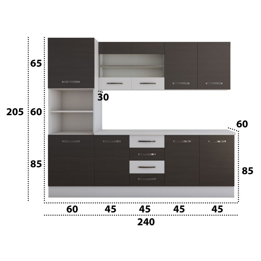Bucatarie alfa 240 cm, wenge/alb, blat termic alb, corp inalt cuptor