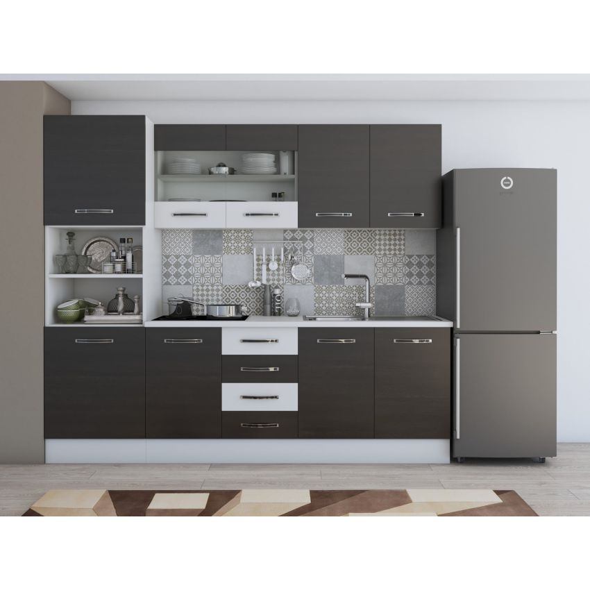 Bucatarie alfa 240 cm, wenge/alb, blat termic alb, corp inalt cuptor