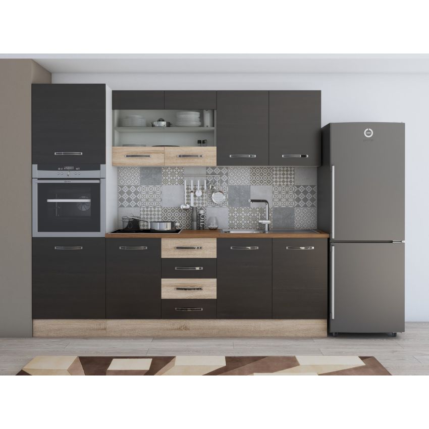Bucatarie alfa 240 cm, wenge/alb, blat termic alb, corp inalt cuptor