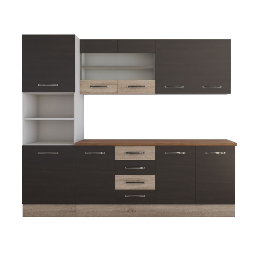 Bucatarie alfa 240 cm, wenge/sonoma, blat termic nuc, corp inalt cuptor