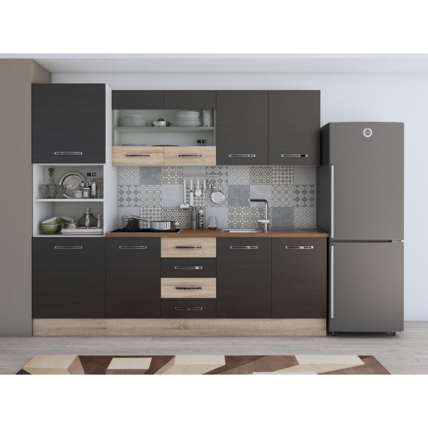 Bucatarie alfa 240 cm, wenge/sonoma, blat termic nuc, corp inalt cuptor