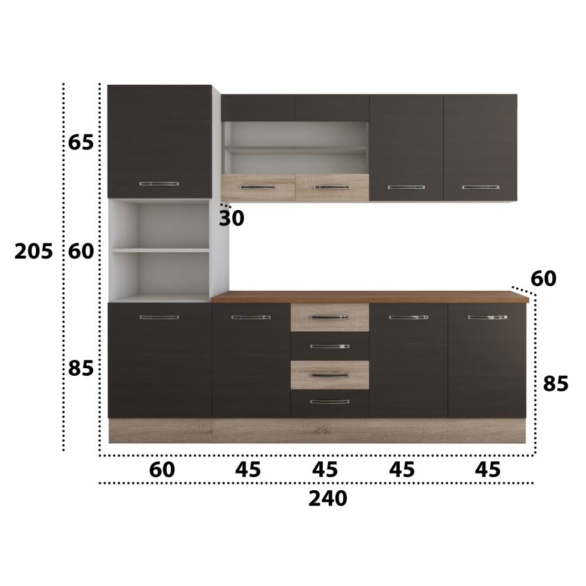 Bucatarie alfa 240 cm, wenge/sonoma, blat termic nuc, corp inalt cuptor