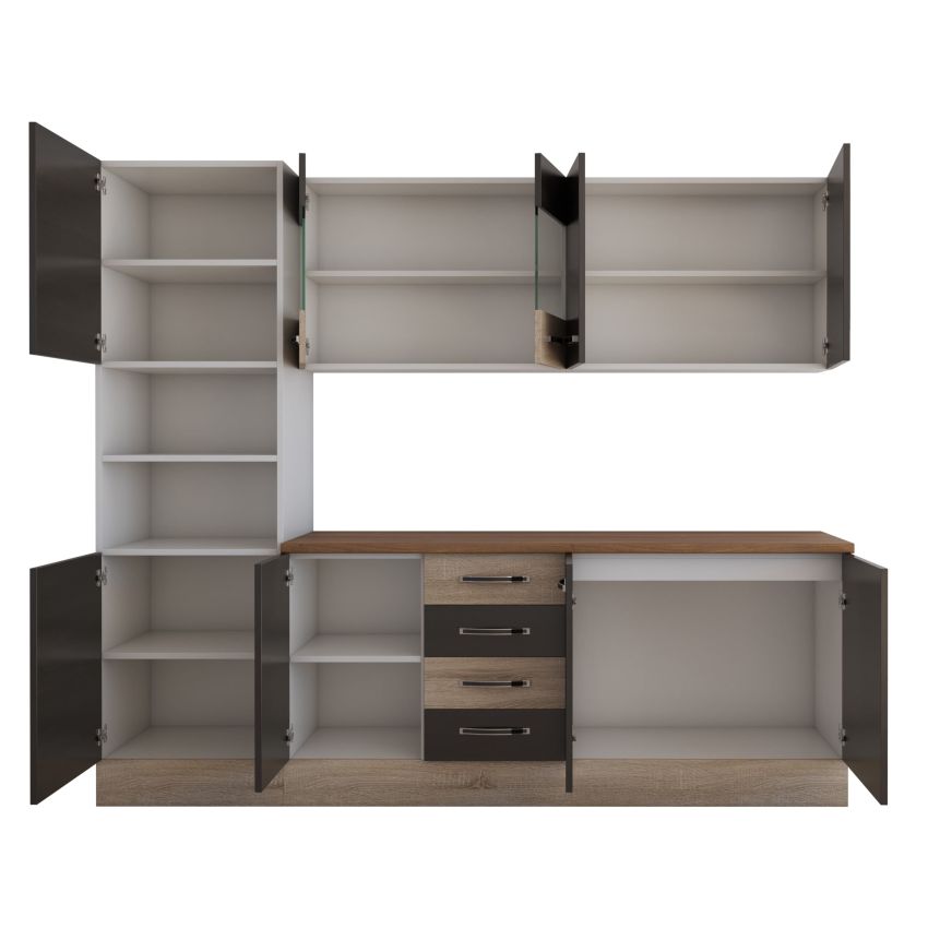 Bucatarie alfa 240 cm, wenge/sonoma, blat termic nuc, corp inalt cuptor