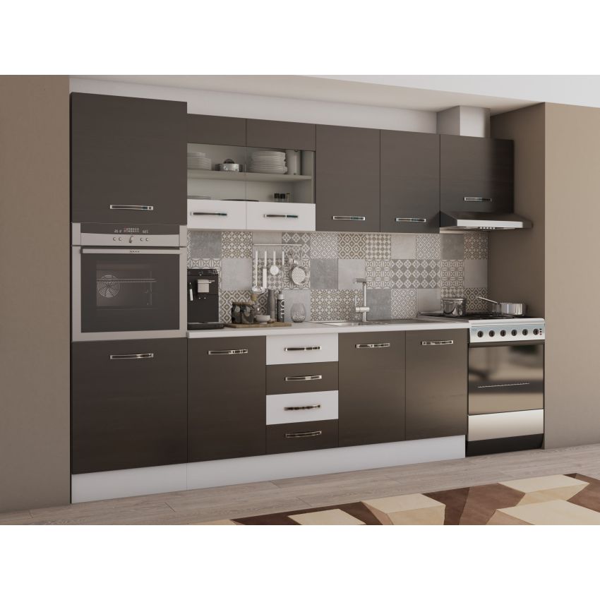 Bucatarie alfa 300 cm, wenge / alb, blat termic alb, corp inalt cuptor si corp hota