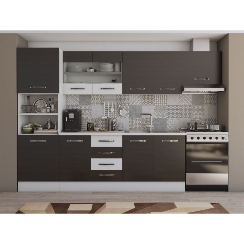 Bucatarie alfa 300 cm, wenge / alb, blat termic alb, corp inalt cuptor si corp hota