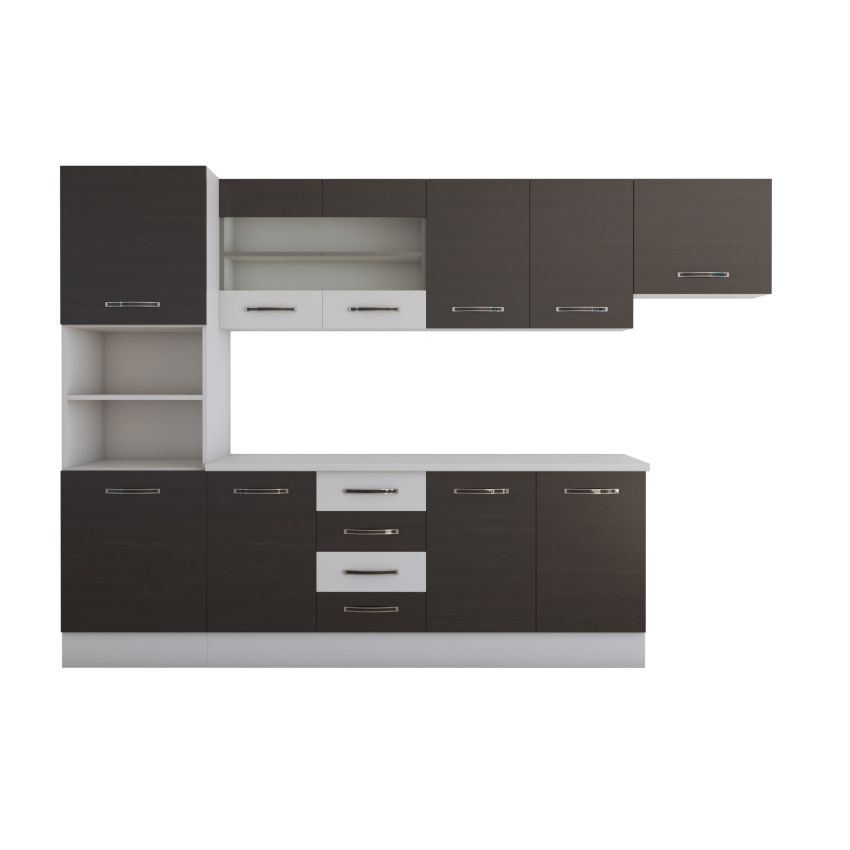 Bucatarie alfa 300 cm, wenge / alb, blat termic alb, corp inalt cuptor si corp hota
