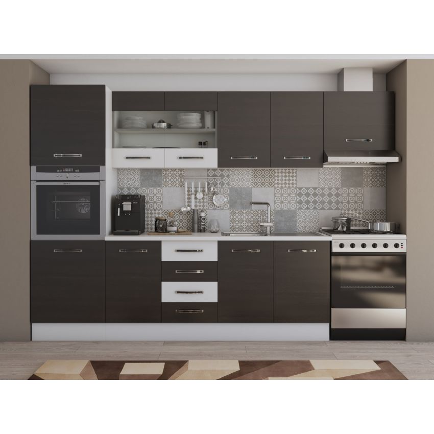 Bucatarie alfa 300 cm, wenge / alb, blat termic alb, corp inalt cuptor si corp hota