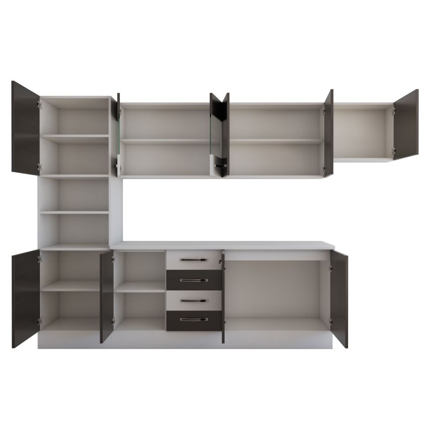 Bucatarie alfa 300 cm, wenge / alb, blat termic alb, corp inalt cuptor si corp hota