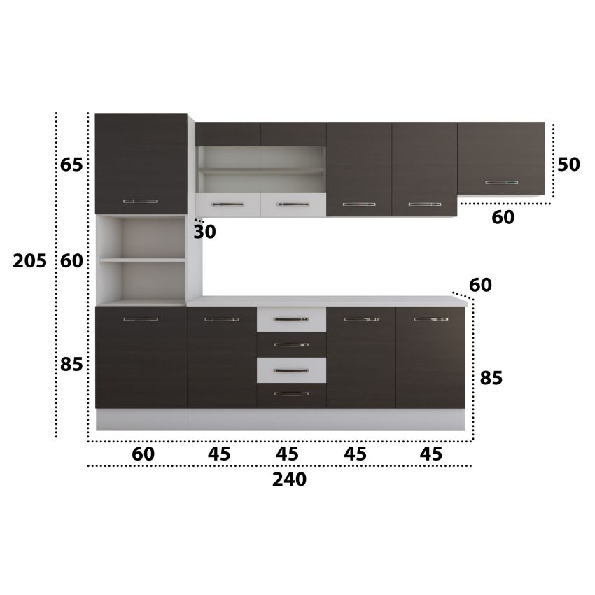 Bucatarie alfa 300 cm, wenge / alb, blat termic alb, corp inalt cuptor si corp hota