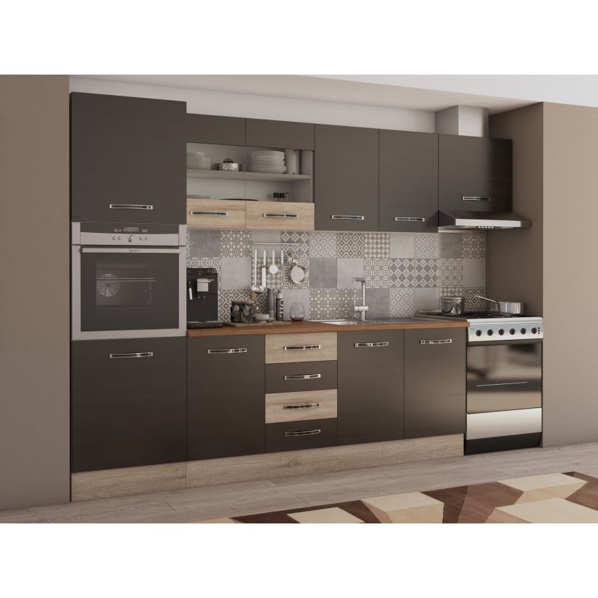 Bucatarie alfa 300 cm, wenge / alb, blat termic alb, corp inalt cuptor si corp hota