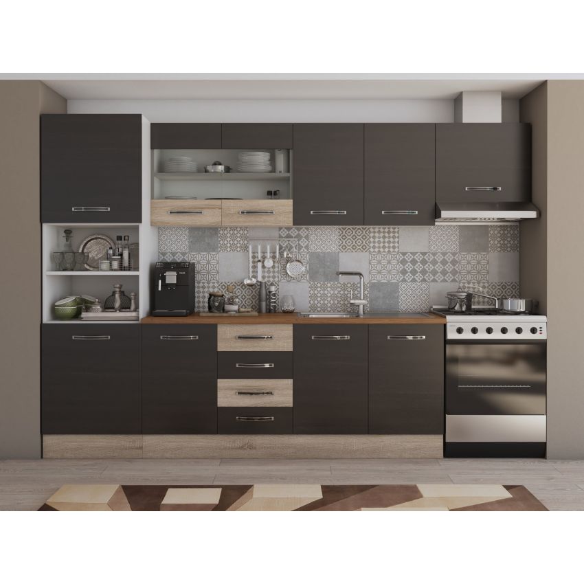 Bucatarie alfa 300 cm, wenge / sonoma, blat termic nuc, corp inalt cuptor si corp hota