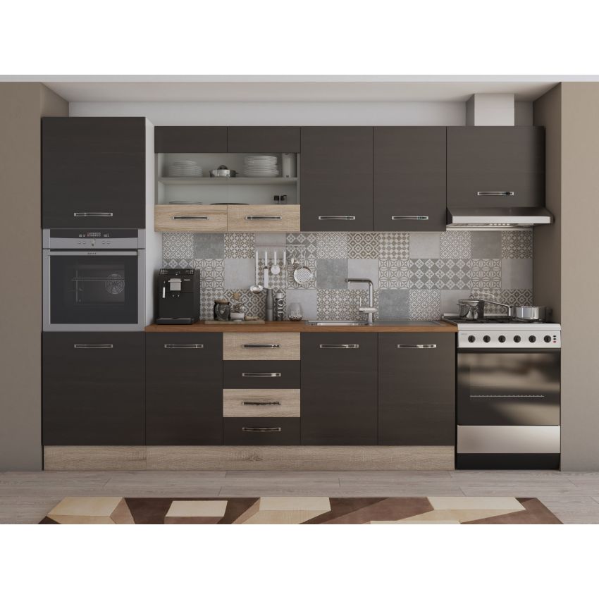 Bucatarie alfa 300 cm, wenge / sonoma, blat termic nuc, corp inalt cuptor si corp hota