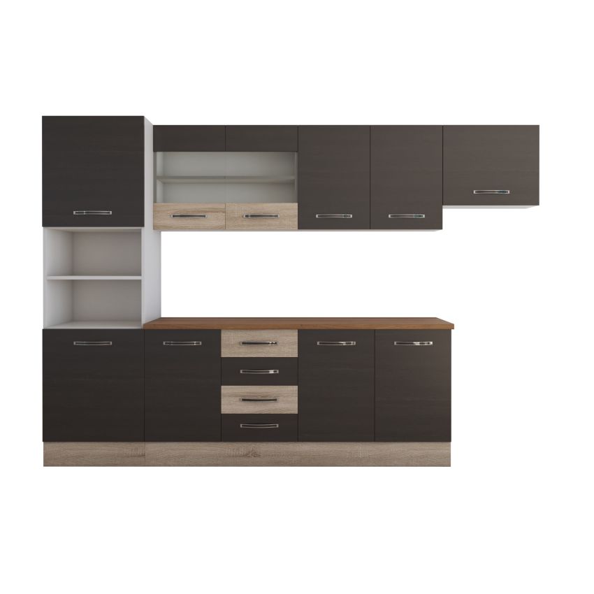 Bucatarie alfa 300 cm, wenge / sonoma, blat termic nuc, corp inalt cuptor si corp hota