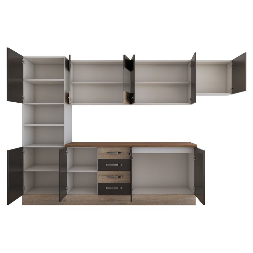 Bucatarie alfa 300 cm, wenge / sonoma, blat termic nuc, corp inalt cuptor si corp hota