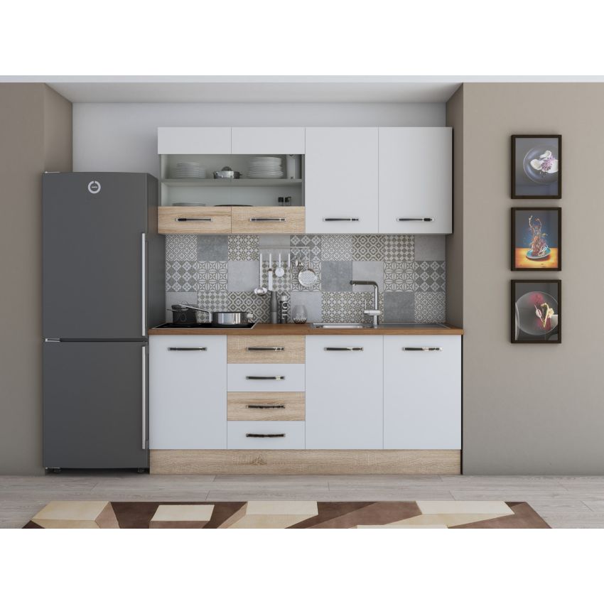 Bucatarie alfa cu vitrina 180 cm, alb / sonoma, blat termic nuc