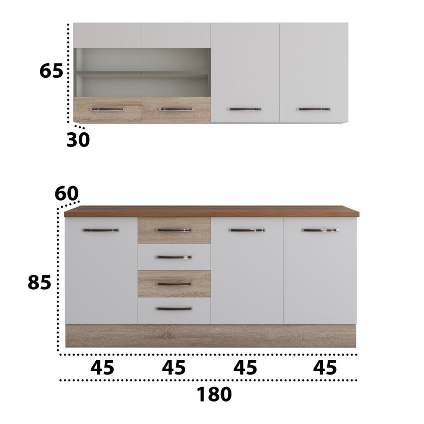 Bucatarie alfa cu vitrina 180 cm, alb / sonoma, blat termic nuc