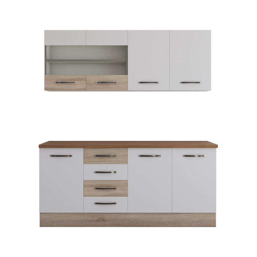Bucatarie alfa cu vitrina 180 cm, alb / sonoma, blat termic nuc