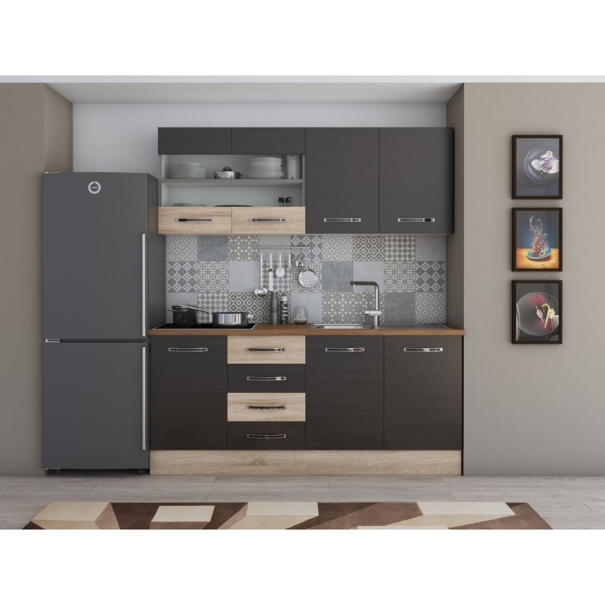 Bucatarie alfa cu vitrina 180 cm, wenge / sonoma, blat termic nuc