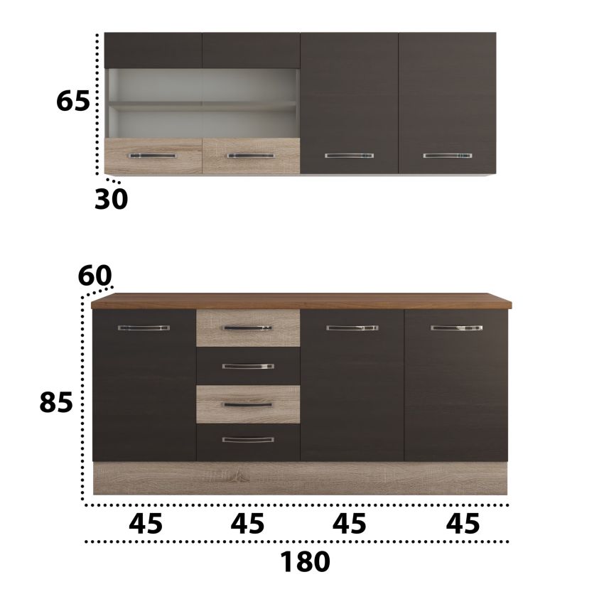 Bucatarie alfa cu vitrina 180 cm, wenge / sonoma, blat termic nuc