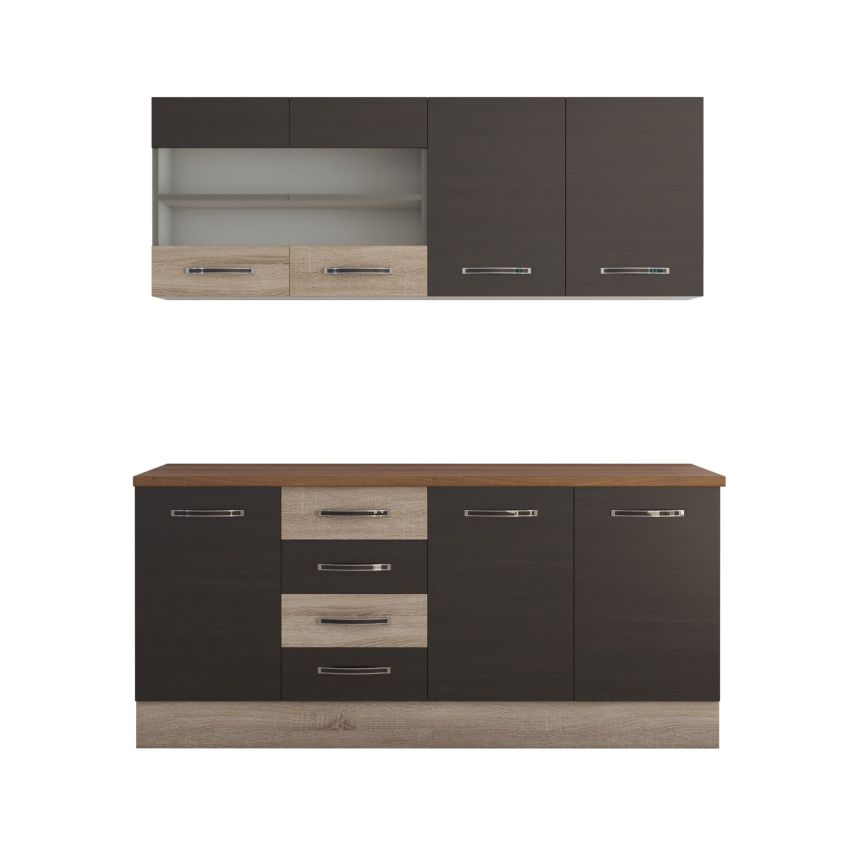 Bucatarie alfa cu vitrina 180 cm, wenge / sonoma, blat termic nuc