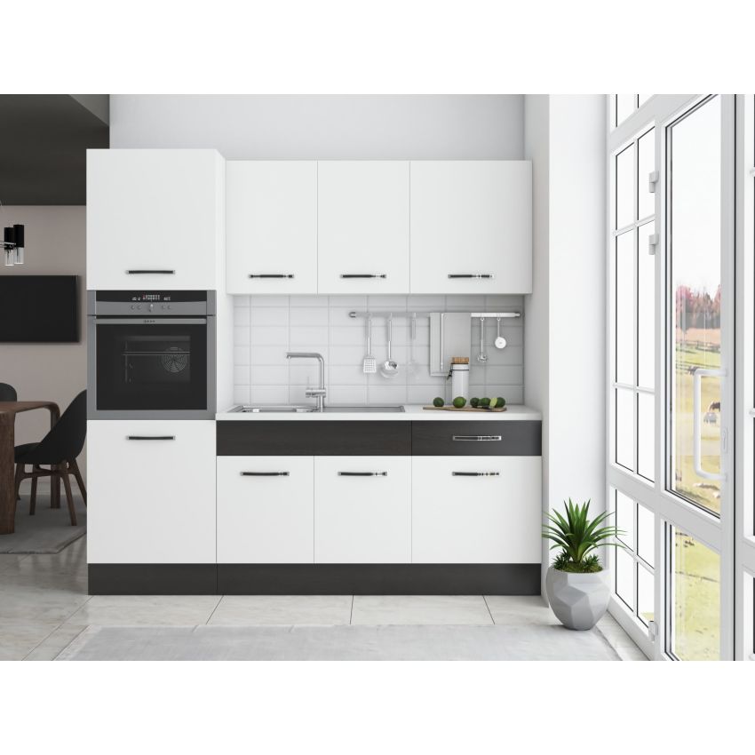 Bucatarie Sofia 200 cm, Alb / Wenge, Blat termic alb, Corp cuptor incorporabil