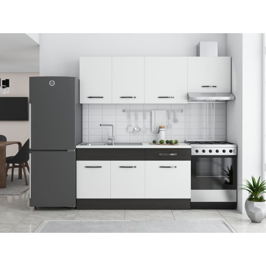 Bucatarie Sofia 200 cm, Alb / Wenge, Blat termic alb, Corp hota