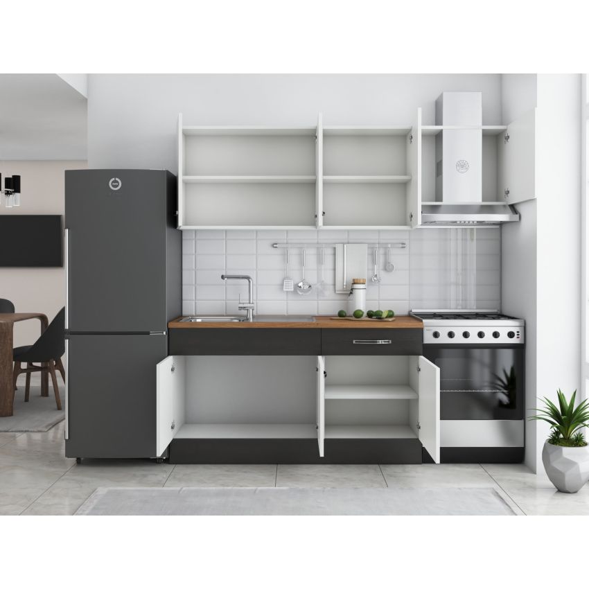 Bucatarie Sofia 200 cm, Alb / Wenge, Blat termic nuc, Corp hota