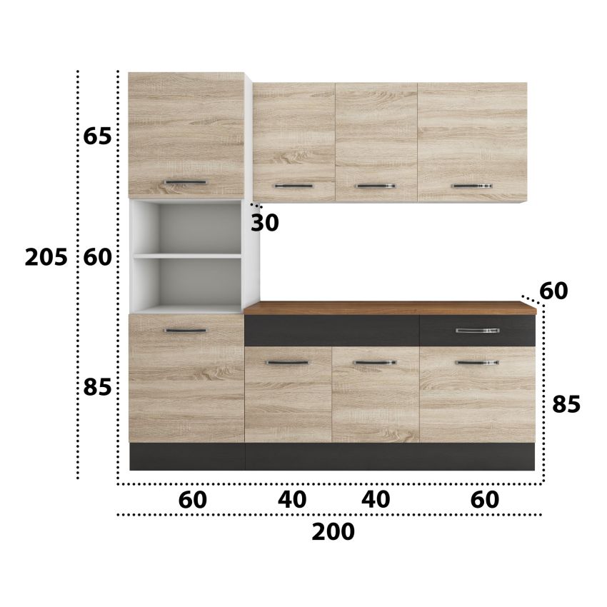Bucatarie Sofia 200 cm, Sonoma / Wenge, Blat termic nuc, Corp cuptor incorporabil