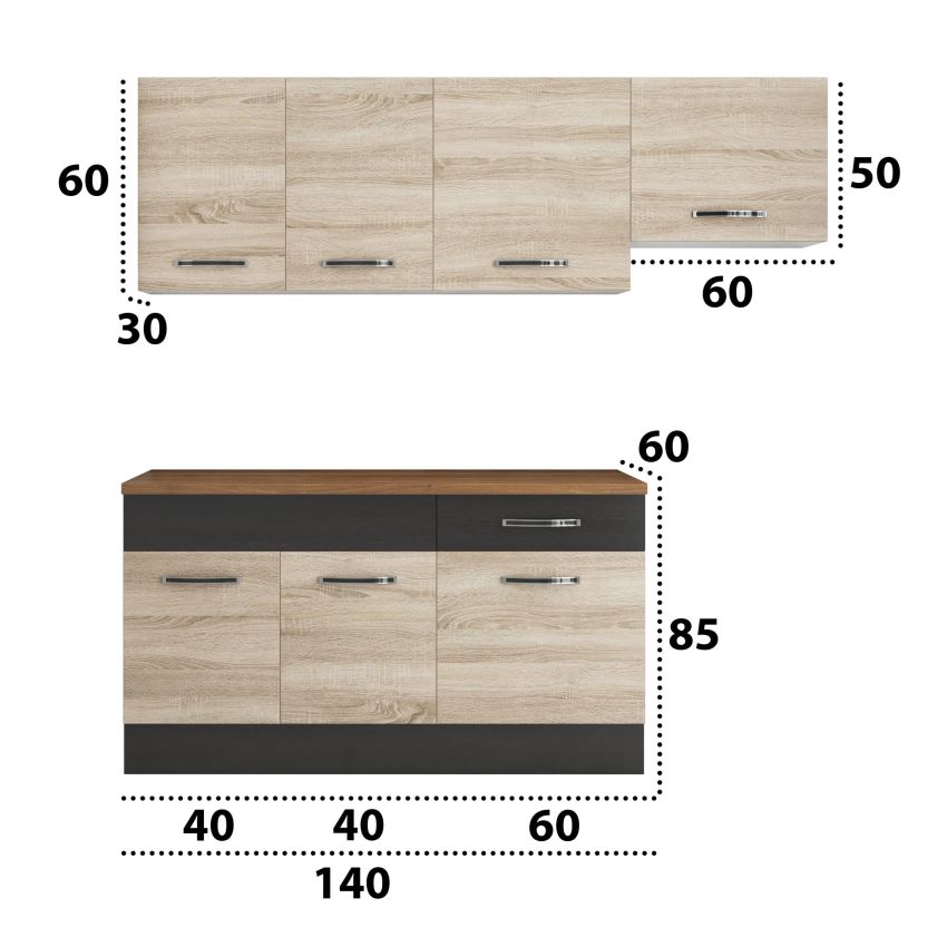 Bucatarie Sofia 200 cm, Sonoma / Wenge, Blat termic nuc, Corp hota