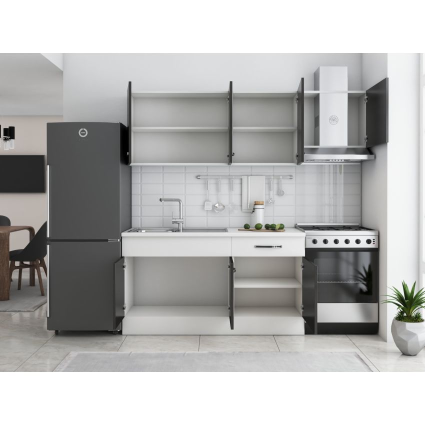 Bucatarie Sofia 200 cm, Wenge / Alb, Blat termic alb, Corp hota