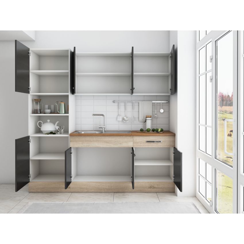 Bucatarie Sofia 200 cm, Wenge / Sonoma, Blat termic nuc, Corp cuptor incorporabil