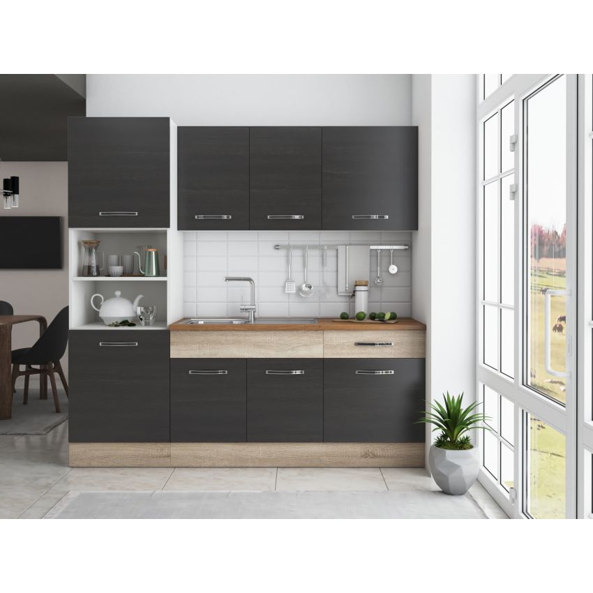 Bucatarie Sofia 200 cm, Wenge / Sonoma, Blat termic nuc, Corp cuptor incorporabil