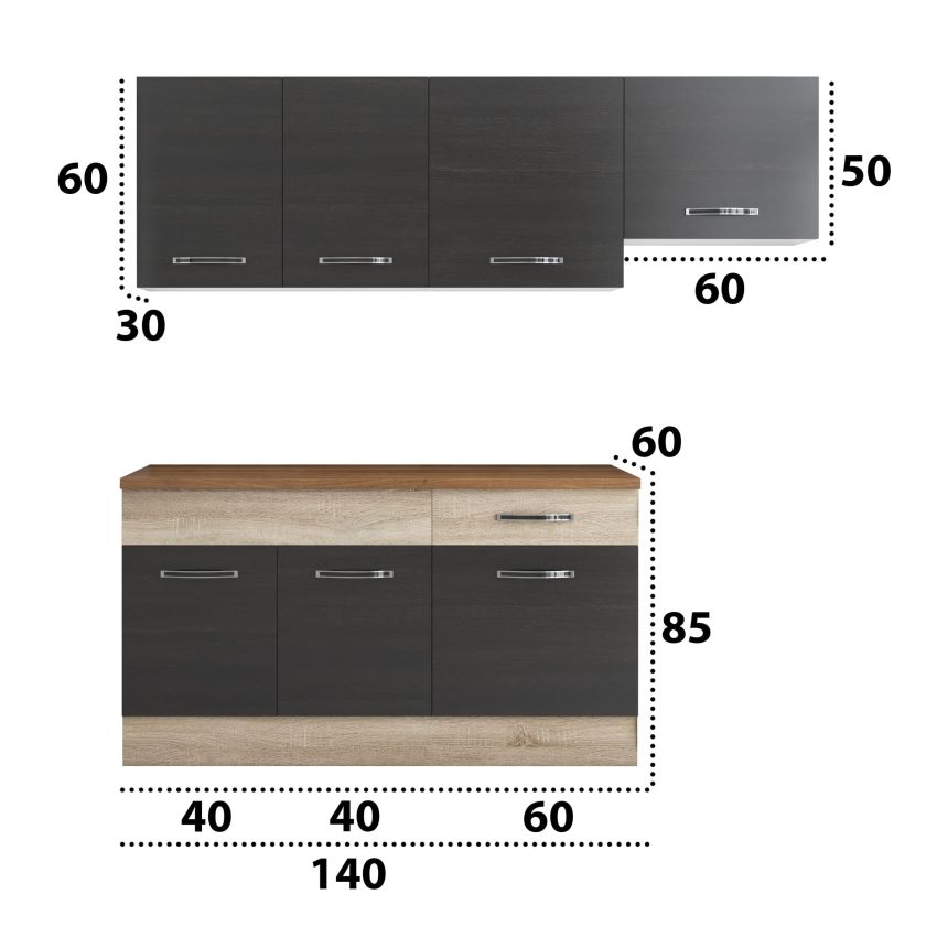 Bucatarie Sofia 200 cm, Wenge / Sonoma, Blat termic nuc, Corp hota