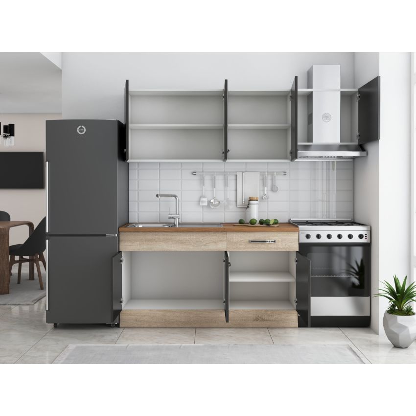 Bucatarie Sofia 200 cm, Wenge / Sonoma, Blat termic nuc, Corp hota