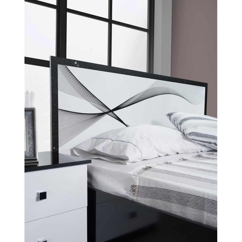 Dormitor Matrix, alb/negru lucios, dulap 260 cm, pat 160x200, 2 noptiere, comoda