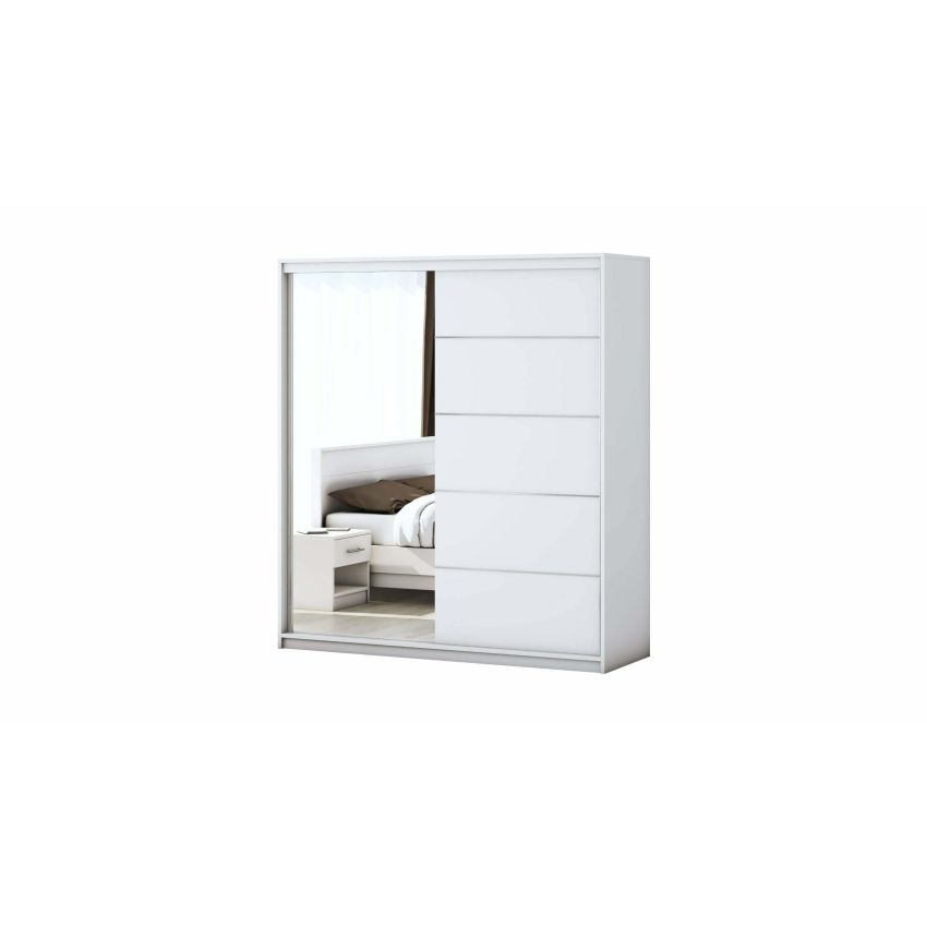 Set dormitor Beta, alb / sonoma, dulap 183 cm, pat 140×200 cm, 2 noptiere, comoda