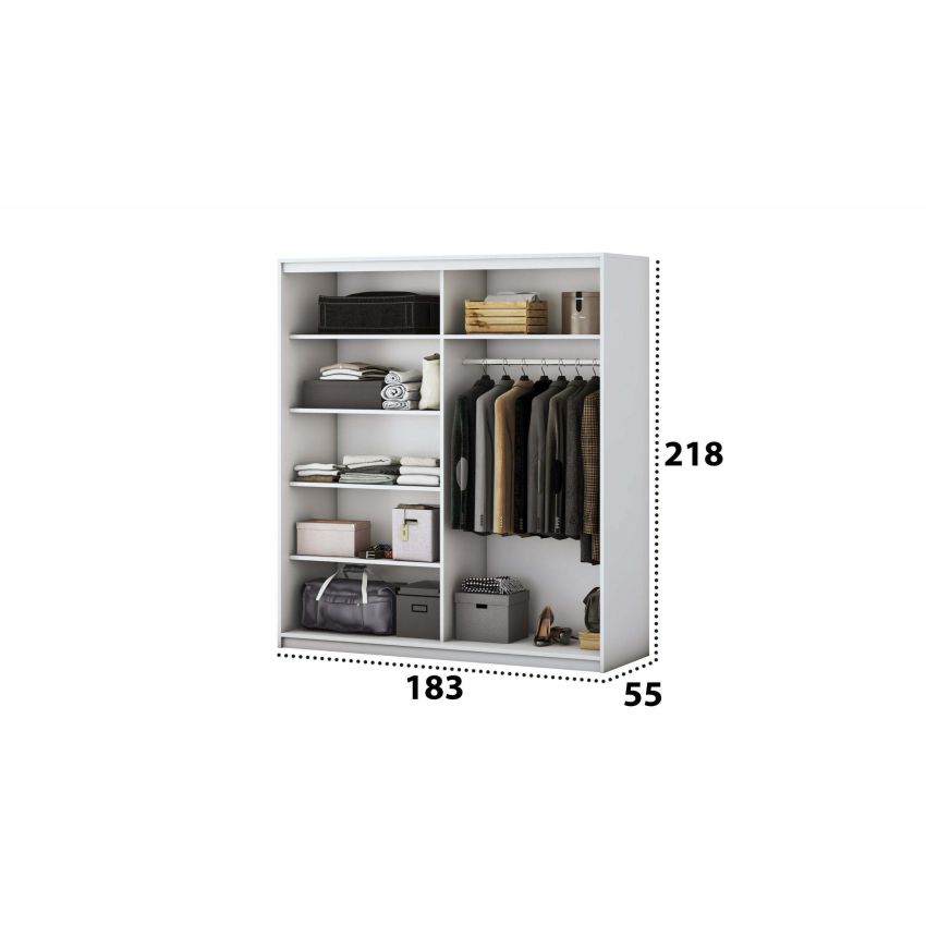 Set dormitor Beta, alb / sonoma, dulap 183 cm, pat 140×200 cm, 2 noptiere, comoda