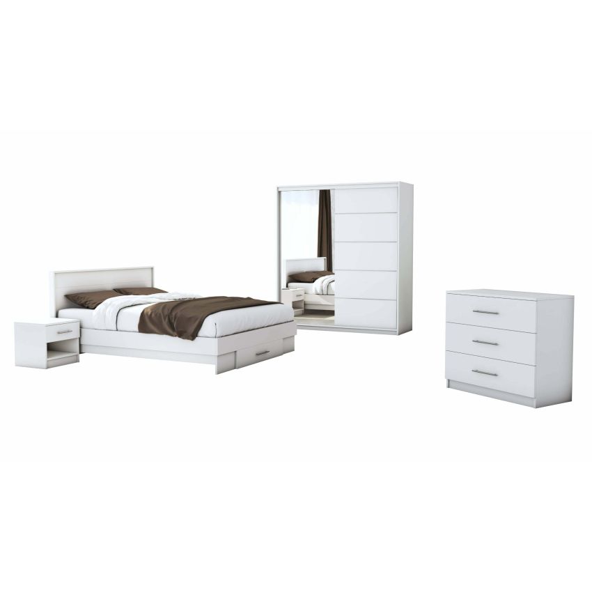 Set dormitor Beta, alb, dulap 183 cm, pat 140×200 cm, 2 noptiere, comoda
