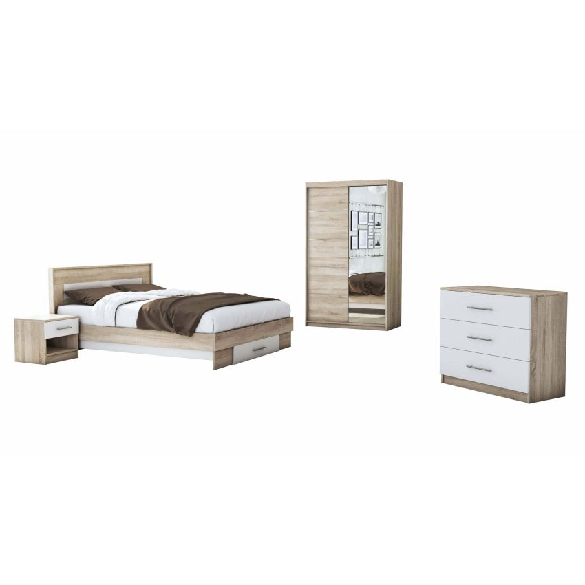 Set dormitor beta, sonoma / alb, dulap 120 cm, pat 140x200 cm, 2 noptiere, comoda
