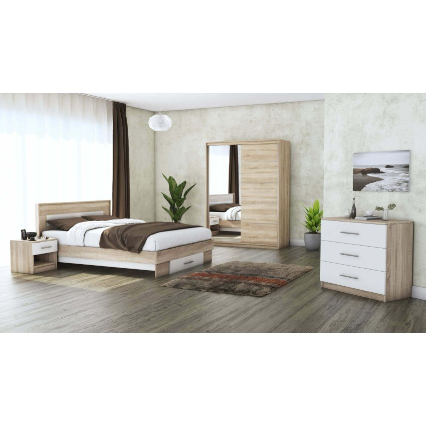 Set dormitor Beta, alb, dulap 150 cm, pat 140×200 cm, 2 noptiere, comoda