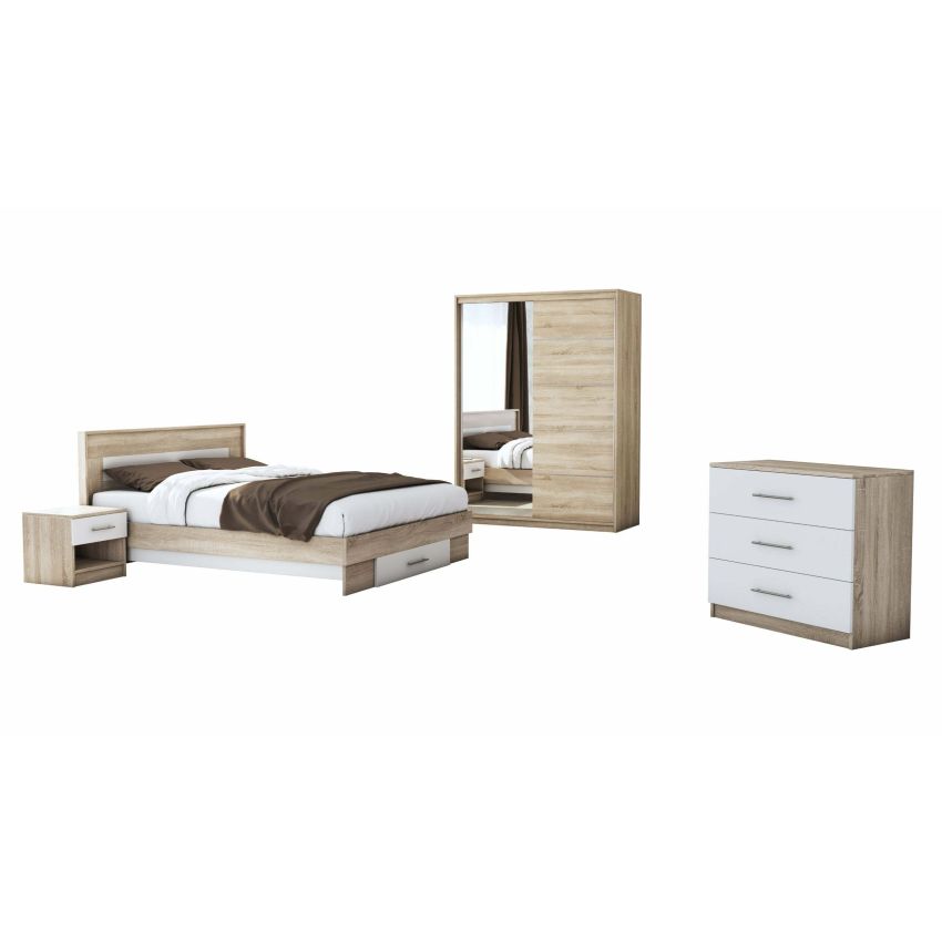 Set dormitor Beta, sonoma / alb, dulap 150 cm, pat 140×200 cm, 2 noptiere, comoda