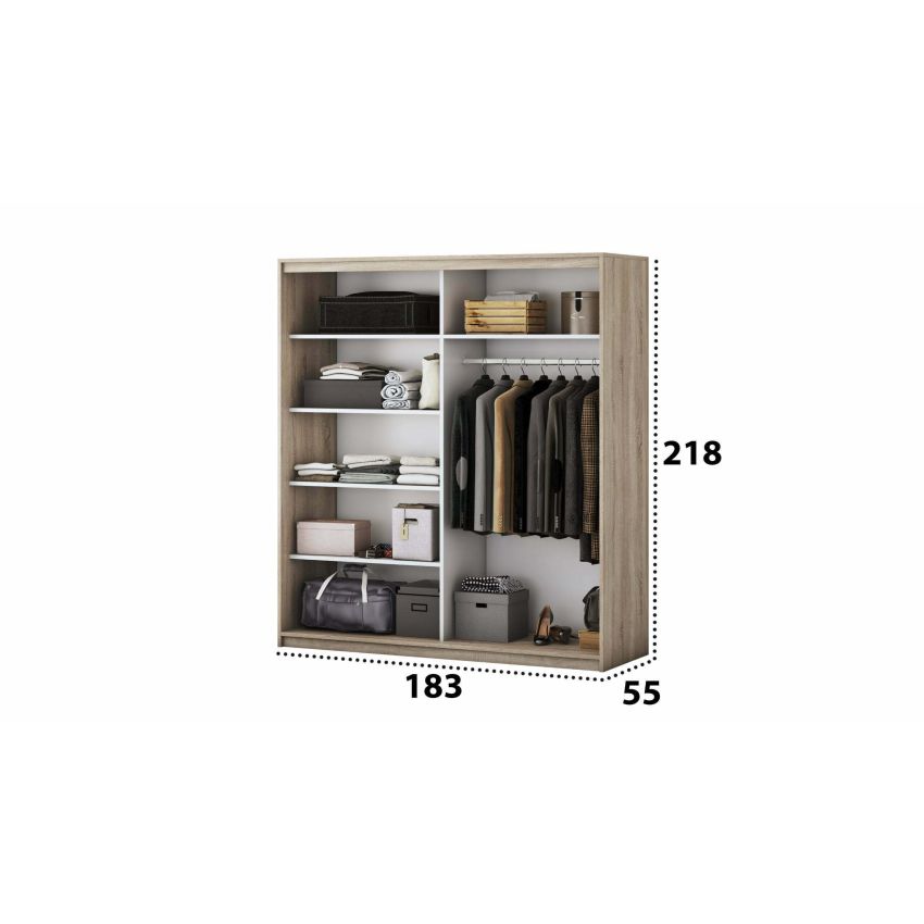Set dormitor Beta, sonoma, dulap 183 cm, pat 140×200 cm, 2 noptiere, comoda